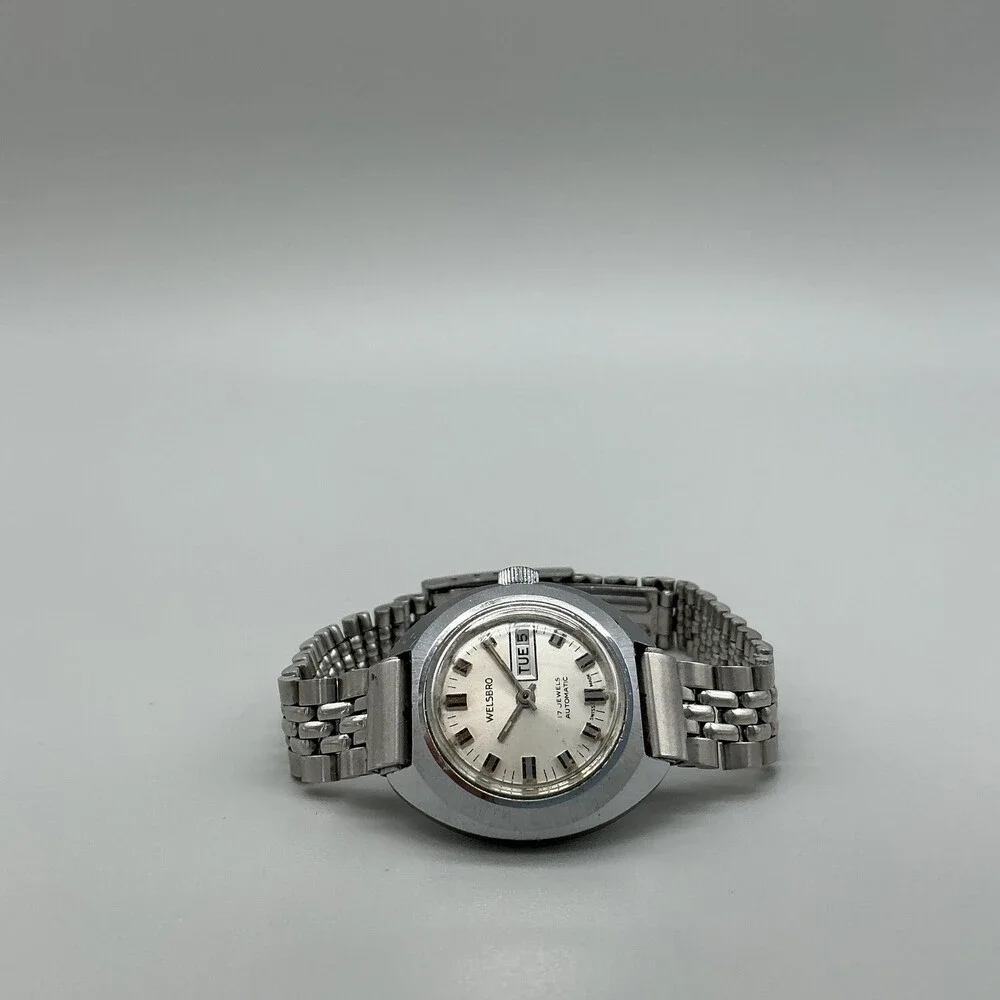 Vintage Welsbro Womens Watch 26mm Silver Tone Swiss Stainless Day Date Automatic
